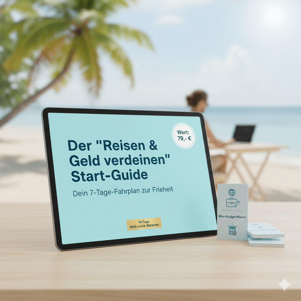 Frau sitzt an einem Tisch am Strand und arbeitet am Laptop. Im Vordergrund ist ein Tablet zu sehen mit dem Bildschirm mit dem Text: Der Arbeiten-und-Reisen – Start-Guide.