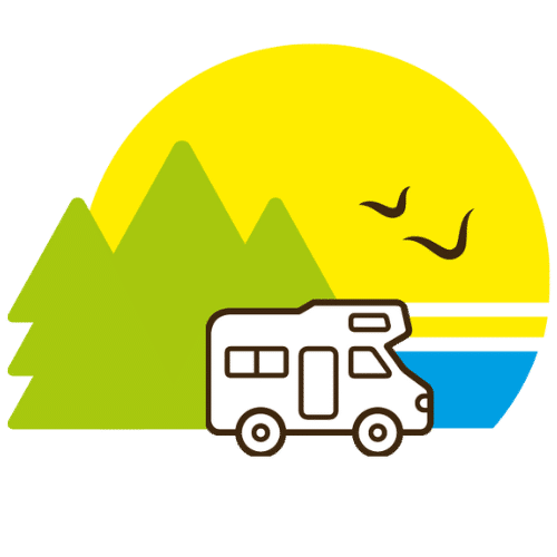 Logo: „Leben im Wohnmobil“, im Hintergrund gelb und blau (Sonne und Meer), im Vordergrund kleiner Wald und ein Wohnmobil.