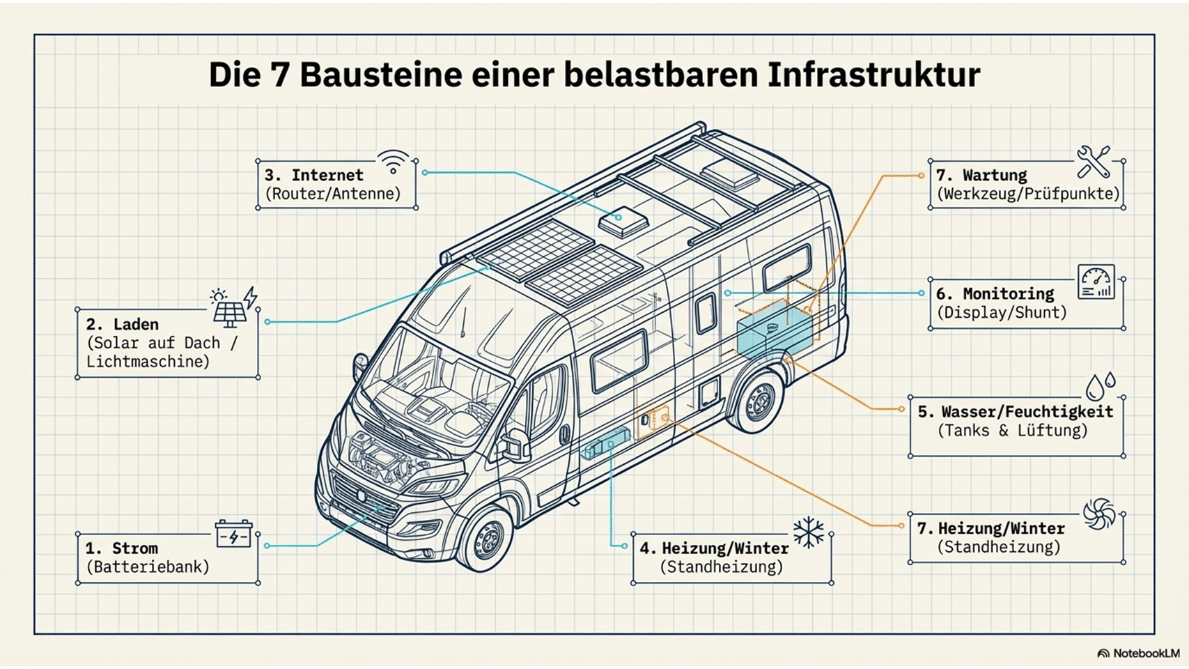 Eine 3D-Ansicht eines Kastenwagens, die die sieben zentralen Bausteine einer belastbaren Infrastruktur illustriert und als Basis für den Energie-Rechner und für das perfekte Vanlife-Stromversorgung-Setup dient.