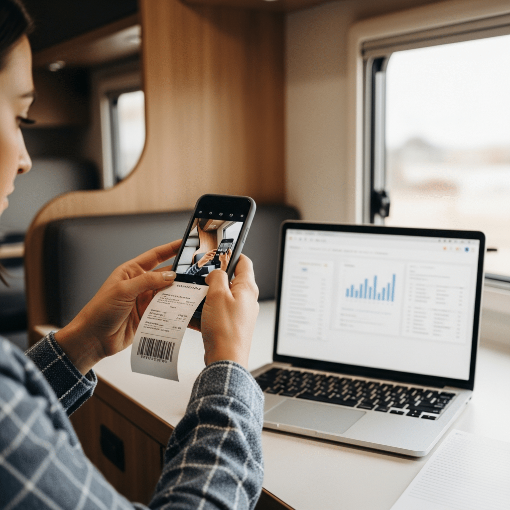 Person im Wohnmobil scannt Belege mit dem Smartphone. Effiziente Tipps, um vanlife Steuern zu managen und die Buchhaltung unterwegs digital zu erledigen.