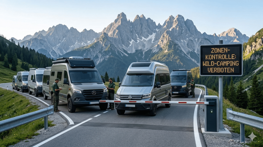 Eine Schlange moderner Wohnmobile wartet vor einer elektronischen Barriere mit einem digitalen Verbotsschild für Wildcamping in den Alpen, das die strengen Zonenregelungen illustriert.