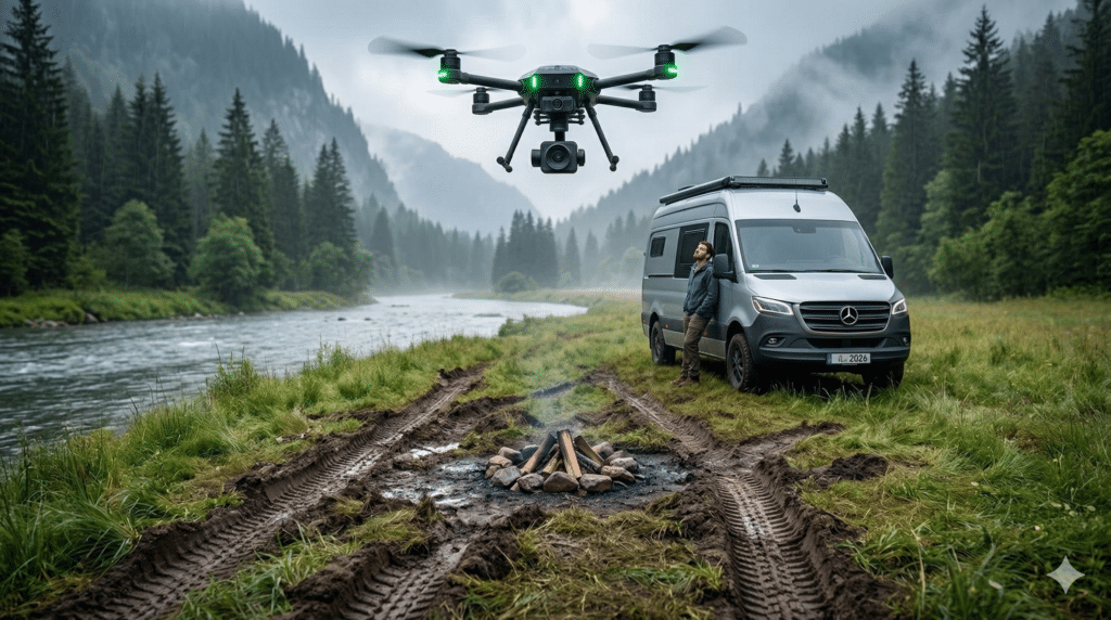 Eine Überwachungsdrohne schwebt über einem beschädigten Uferbereich mit Reifenspuren und einer Feuerstelle, direkt neben einem unauffällig geparkten Wohnmobil, um illegales Wildcamping und Umweltzerstörung zu dokumentieren.