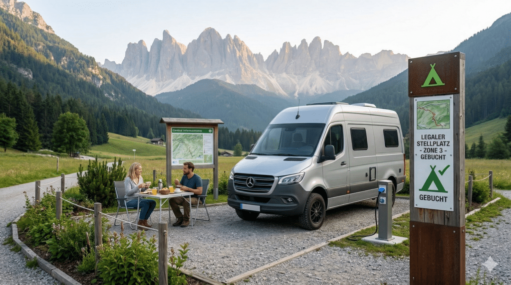 Ein friedlicher, legaler Wohnmobil-Stellplatz in den Alpen, mit Stromanschluss und einem klaren Schild, das die Reservierung für Zone 3 anzeigt, um eine verantwortungsvolle und legale Alternative zum Wildcamping darzustellen.