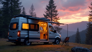 Bild von einem Wohnmobil am Waldrand beim Freistehen oder Wildcampen im Sonnenuntergang