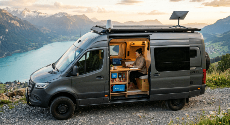 Ein hochauflösendes Foto eines autarken Kastenwagen-Wohnmobils in den Alpen während der goldenen Stunde. Das Bild zeigt die technische Vanlife-Infrastruktur, einschließlich Solarpanels auf dem Dach, einem integrierten Lithium-Batteriesystem und einem 5G-Router für stabiles Internet. Eine Person arbeitet am Laptop im Inneren, was die Kombination aus Freiheit und zuverlässiger Stromversorgung für Remote Work und Reisen veranschaulicht.