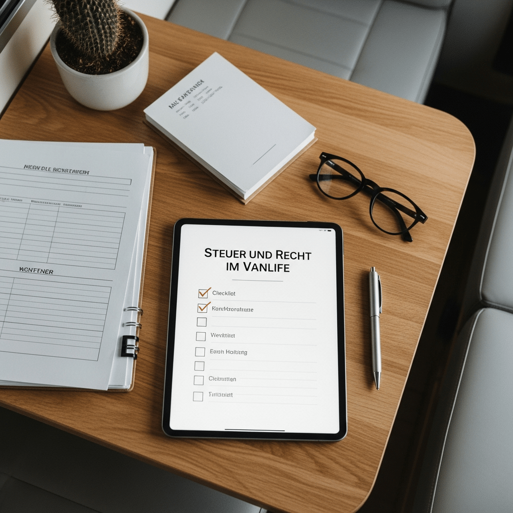 Strukturierte Checkliste auf einem Tablet zur Vorbereitung auf das Leben im Wohnmobil. Ein Fahrplan für recht und steuern im vanlife, inklusive Tipps zum Thema vanlife recht wohnsitz abmelden.