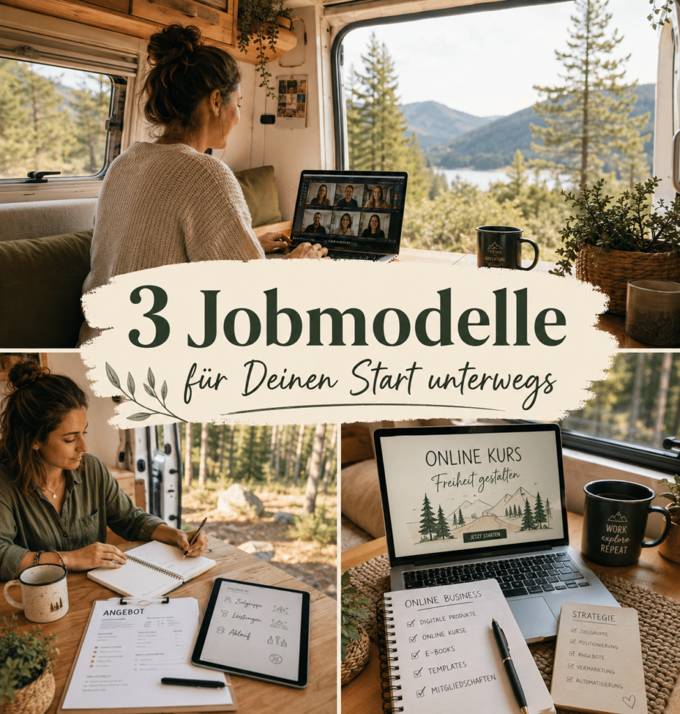 Arbeiten im Wohnmobil mit drei Jobmodellen: Remote-Job, Freelance-Arbeit und Online-Business als Start unterwegs.