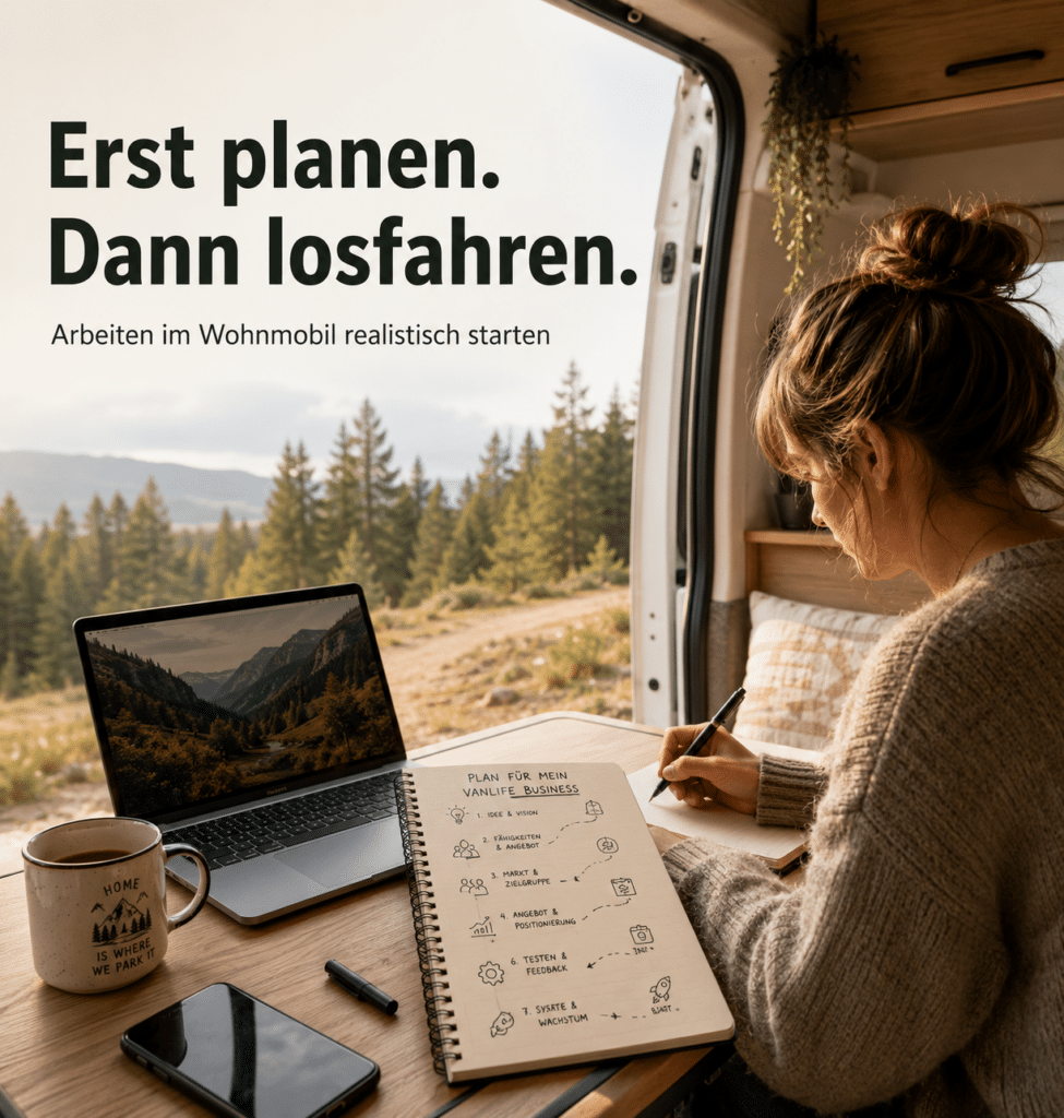 Arbeiten im Wohnmobil: Person sitzt am Laptop im Wohnmobil am See und plant den Wechsel vom Büro in den Van.