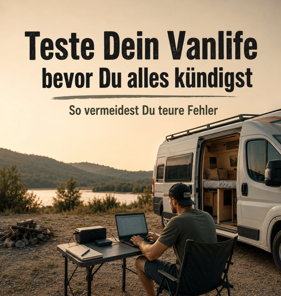 Arbeiten im Wohnmobil realistisch testen: Person arbeitet am Laptop neben dem Wohnmobil auf einem einfachen Stellplatz in der Natur.