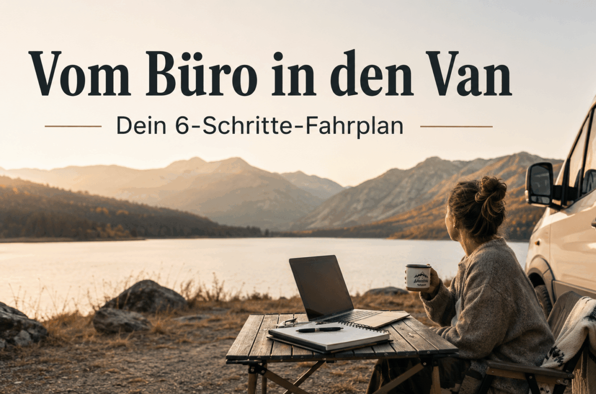 Arbeiten im Wohnmobil: Person sitzt am Laptop vor dem Wohnmobil am See und plant den Wechsel vom Büro in den Van.