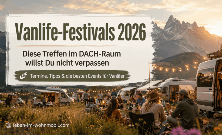 Vanlife-Festivals 2026 im DACH-Raum mit Campervans, Lichterketten und Menschen in entspannter Festivalatmosphäre vor Bergkulisse