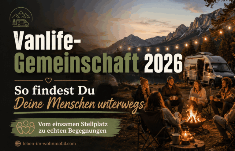 Vanlife-Gemeinschaft 2026: Camper sitzen gemeinsam am Lagerfeuer zwischen Wohnmobilen und zeigen echte Begegnungen unterwegs.
