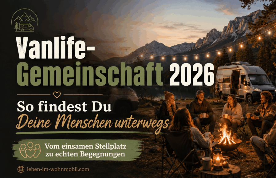 Vanlife-Gemeinschaft 2026: Camper sitzen gemeinsam am Lagerfeuer zwischen Wohnmobilen und zeigen echte Begegnungen unterwegs.