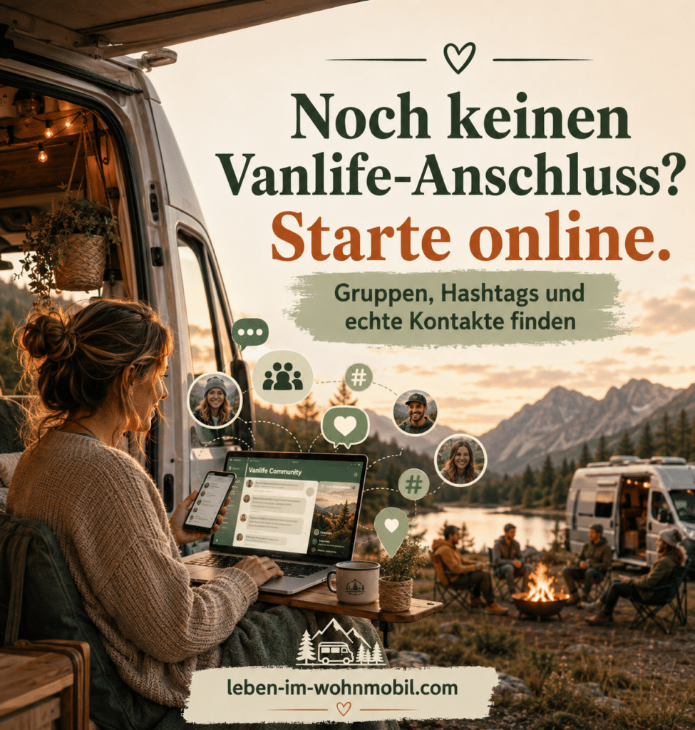 Vanlife-Gemeinschaft 2026: Eine Vanliferin findet über Laptop und Smartphone Online-Communities, Gruppen und echte Kontakte.