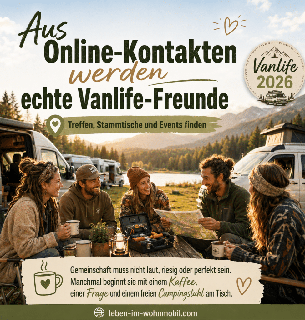 Vanlife-Gemeinschaft 2026: Vanlifer sitzen gemeinsam am Campingtisch, tauschen Tipps aus und planen Treffen, Stammtische und Events.
