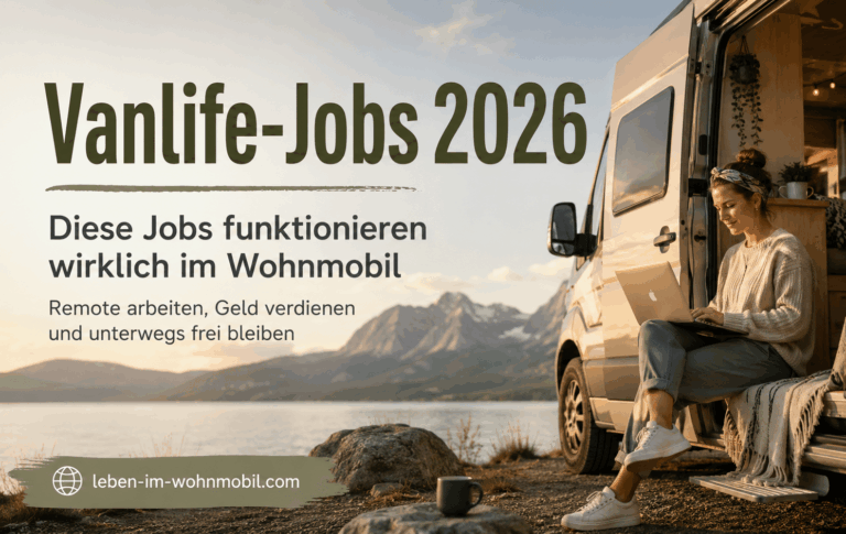 Vanlife-Jobs 2026: Person arbeitet mit Laptop am Campervan in der Natur und zeigt, wie Remote-Arbeit im Wohnmobil möglich wird.