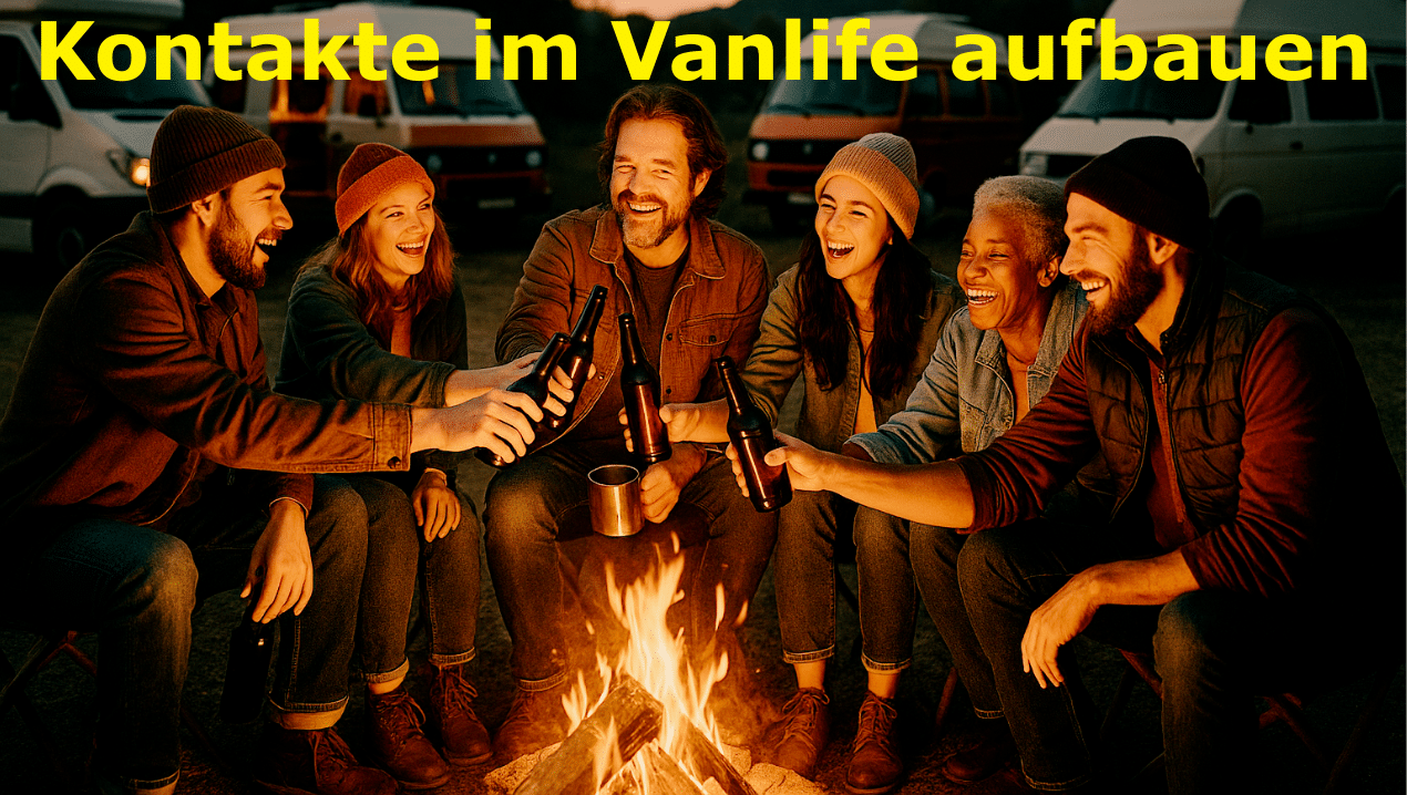 Eine fröhliche Gruppe von sechs Menschen sitzt abends am Lagerfeuer, lacht und stößt mit Bierflaschen an. Im Hintergrund stehen mehrere Camper-Vans. Der eingeblendete Text lautet: „Kontakte im Vanlife aufbauen
