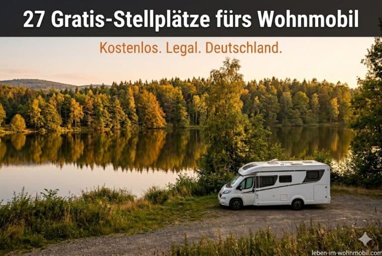 Wohnmobil an einem gratis Stellplatz in Deutschland beim Sonnenuntergang – Gratis übernachten im Wohnmobil leicht gemacht
