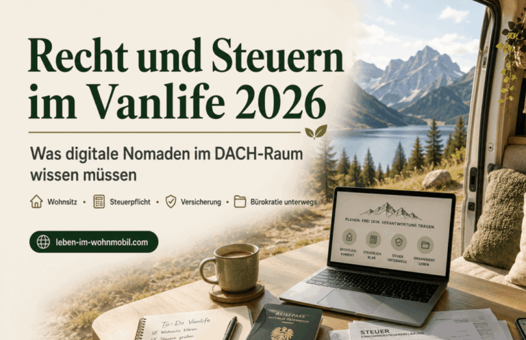 Recht und Steuern im Vanlife 2026: Arbeitsplatz im Wohnmobil mit Laptop, Steuerunterlagen und Blick auf Natur im DACH-Raum.