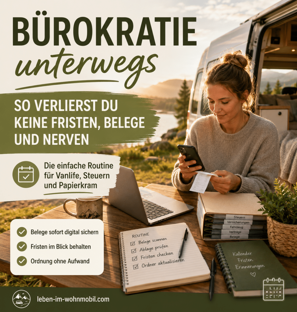 Recht und Steuern im Vanlife: Person scannt unterwegs Belege am Campingtisch und organisiert Fristen, Steuern und Papierkram im Wohnmobil.