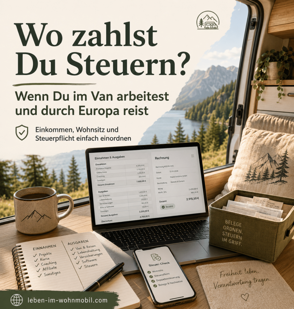 Recht und Steuern im Vanlife: Mobiler Arbeitsplatz im Wohnmobil mit Laptop, Rechnung, Belegen und Einnahmen-Ausgaben-Übersicht.