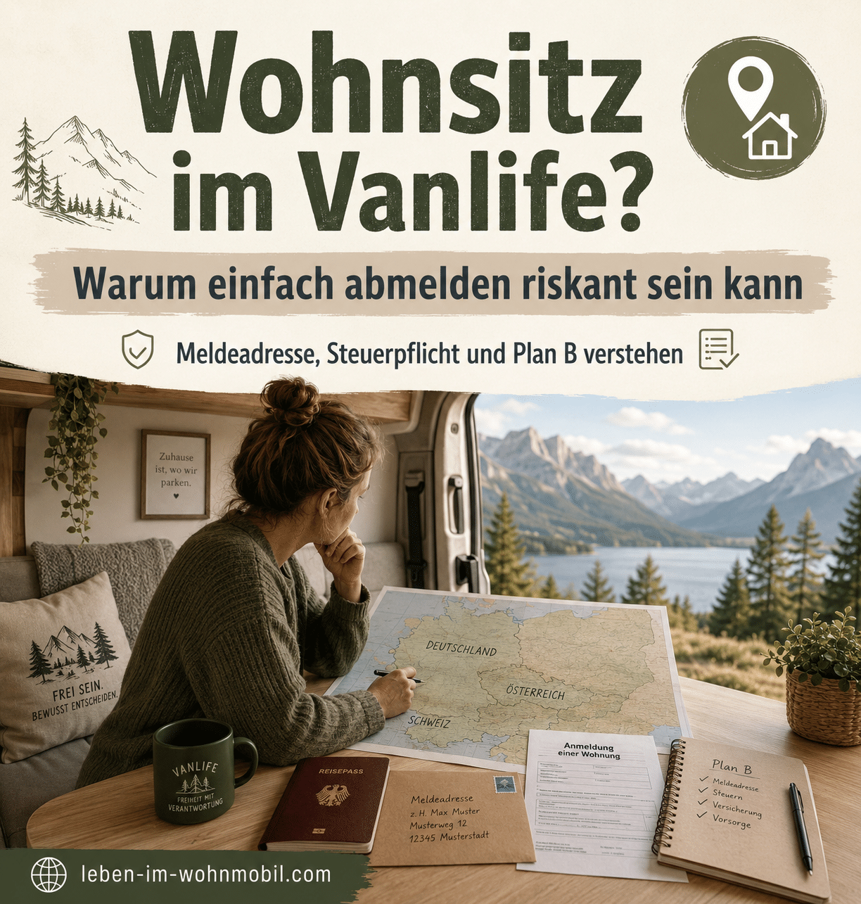 Recht und Steuern im Vanlife: Person plant Wohnsitz und Meldeadresse im Camper mit Karte, Reisepass und Formularen.