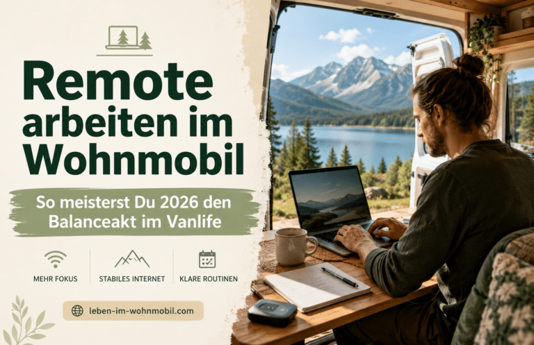 Remote arbeiten im Wohnmobil mit Laptop im Campervan und Blick auf Berge und See – Balance zwischen Freiheit, Fokus und klaren Routinen.