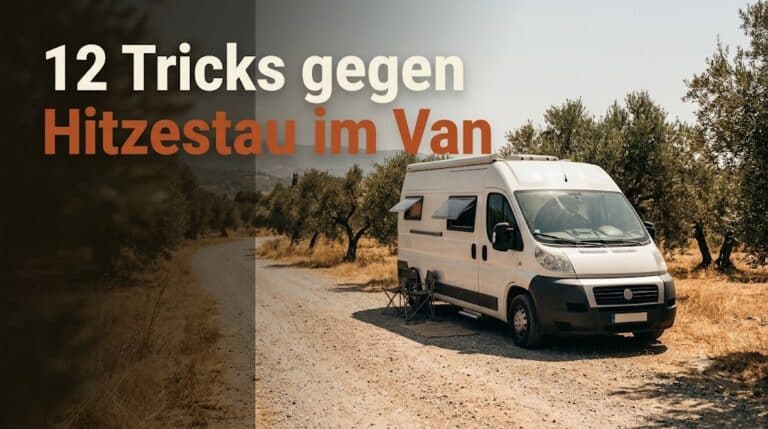 Weißer Campervan in sommerlicher Hitze unter Olivenbäumen – van kühlen sommer