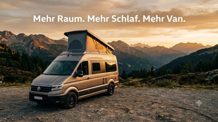 Geöffnetes Aufstelldach eines Kastenwagens auf Bergparkplatz in Abendstimmung – Aufstelldach nachrüsten 2026