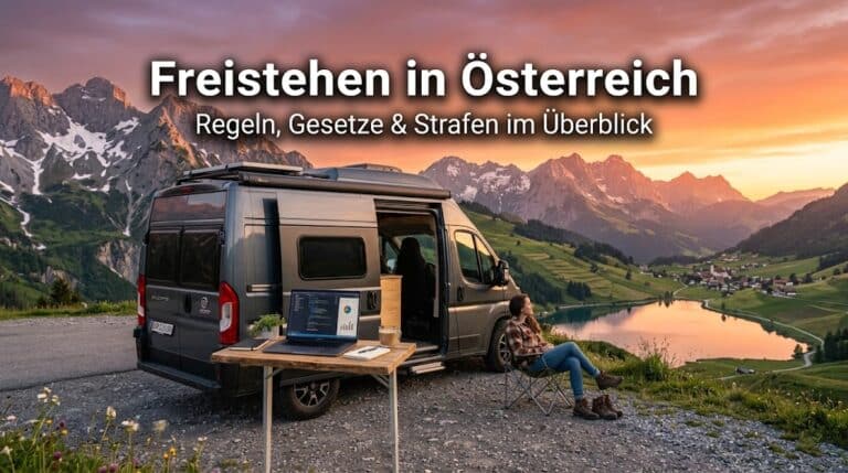 Ein fotorealistisches Bild in der Abenddämmerung über den Alpen, das die rechtliche Komplexität des Freistehens in Österreich darstellt. Im Zentrum steht ein dunkler Fiat Ducato Kastenwagen, davor ein geöffneter Laptop, der eine Übersicht über Regeln, Gesetze und Strafen im Zusammenhang mit Freistehen in Österreich anzeigt. Eine Frau sitzt entspannt auf einem Campingstuhl neben dem Tisch. Die Szene ist von majestätischen, schneebedeckten Bergspitzen umgeben. Der Text „Freistehen in Österreich“ steht groß am oberen Bildrand, darunter kleiner „Regeln, Gesetze & Strafen im Überblick“.