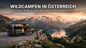 Campervan an einem Bergsee in den österreichischen Alpen bei Sonnenuntergang mit Text-Overlay Wildcampen in Österreich Regeln und Strafen im Bundesländer-Check