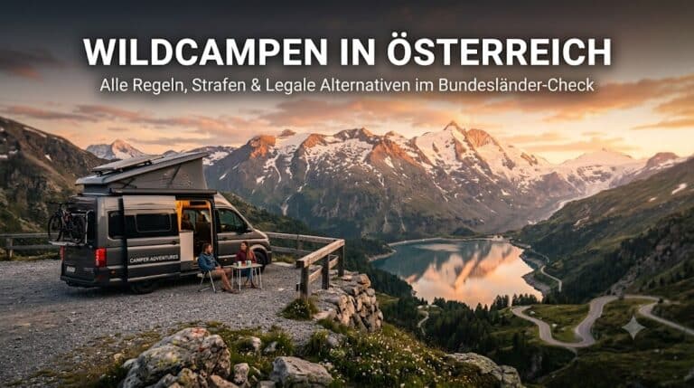 Campervan an einem Bergsee in den österreichischen Alpen bei Sonnenuntergang mit Text-Overlay Wildcampen in Österreich Regeln und Strafen im Bundesländer-Check
