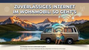 Titelbild für den Blogbeitrag mit einem Wohnmobil an einem Bergsee und dem Text-Overlay „Zuverlässiges Internet im Wohnmobil: So geht’s“.