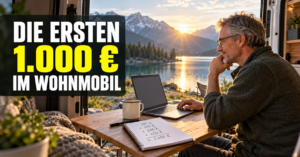 Mann arbeitet am Laptop im Wohnmobil und plant, die ersten 1.000 € im Wohnmobil zu verdienen