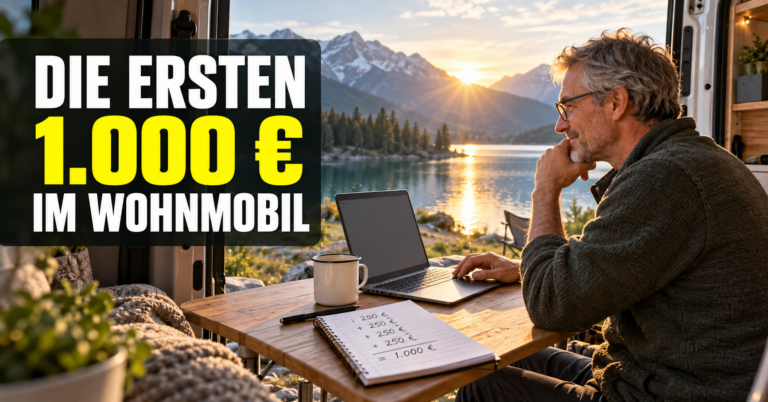 Mann arbeitet am Laptop im Wohnmobil und plant, die ersten 1.000 € im Wohnmobil zu verdienen