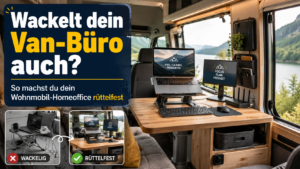 Wohnmobil-Homeoffice mit stabilem Laptop-Arbeitsplatz, zweitem Monitor und rüttelfester Einrichtung im Camper